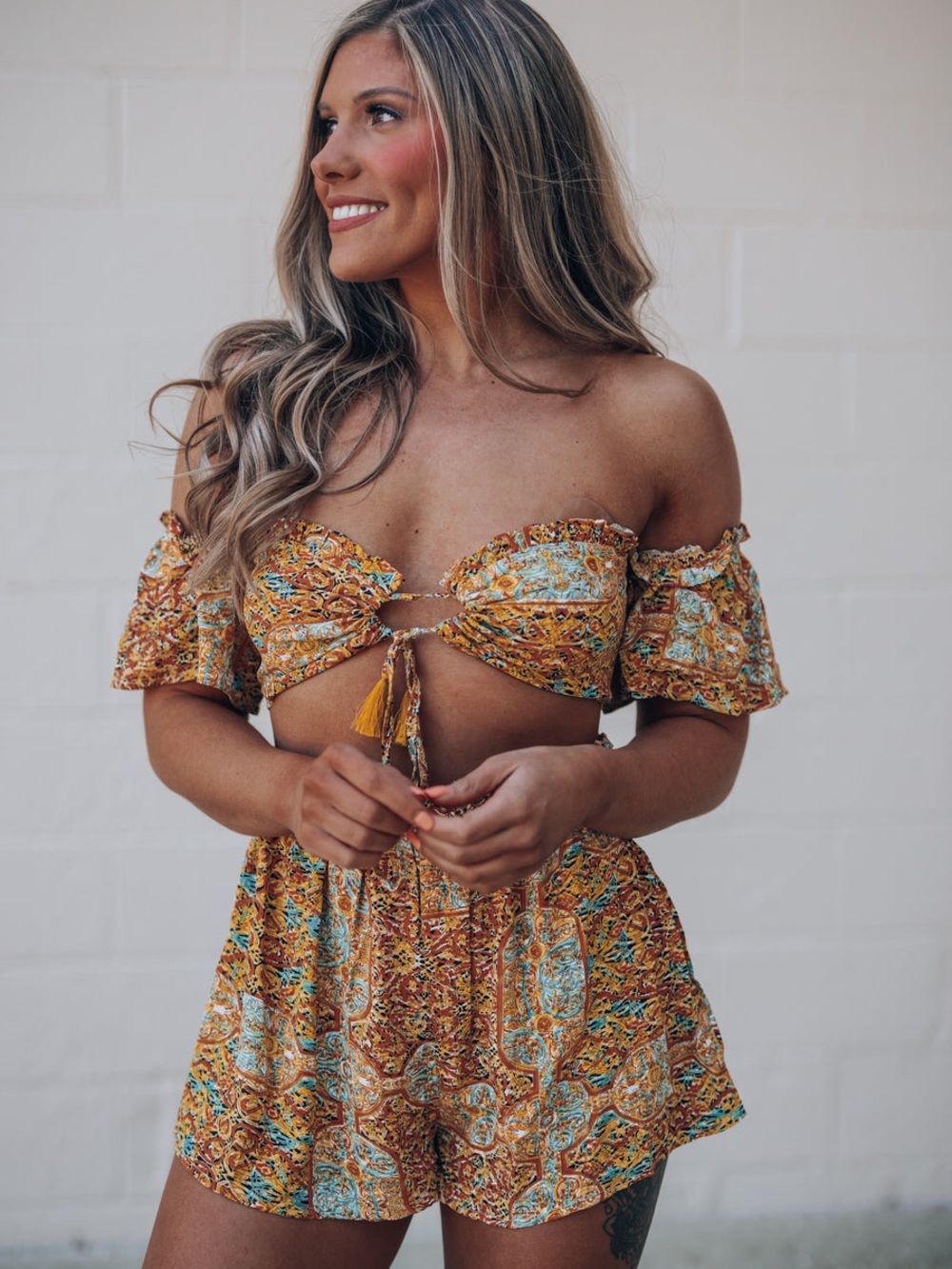 Southern Alternative Boho Off-Shoulder Tie Front RUN WILD SHORT SET